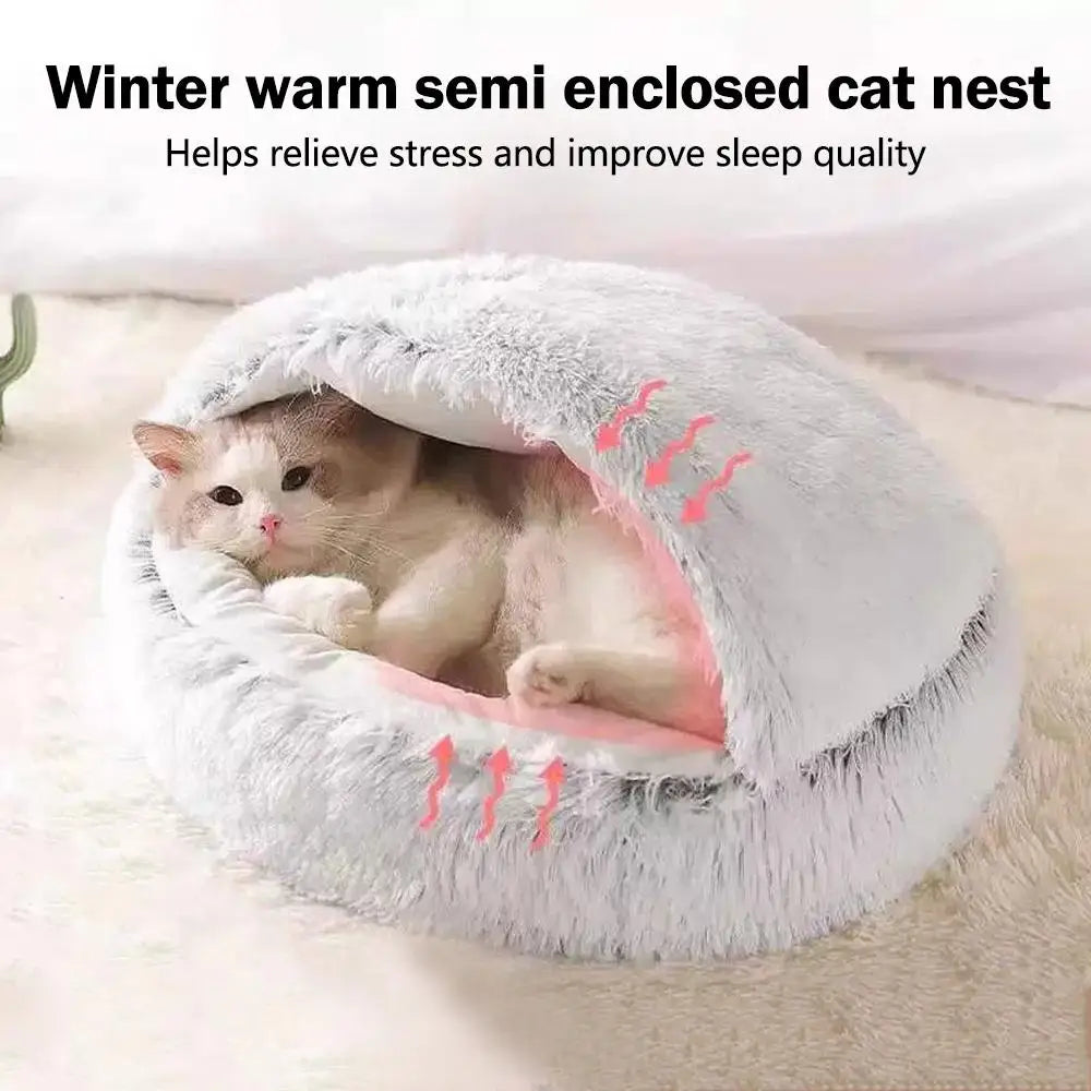 Cozy Winter Plush Cat Bed - Round Cushion for Cats and Small Dogs - Warm and Secure Nesting Bag