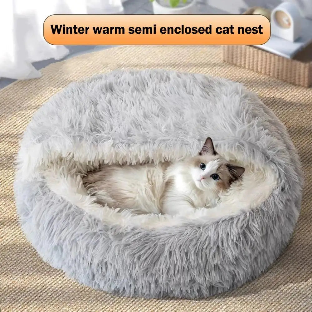 Cozy Winter Plush Cat Bed - Round Cushion for Cats and Small Dogs - Warm and Secure Nesting Bag